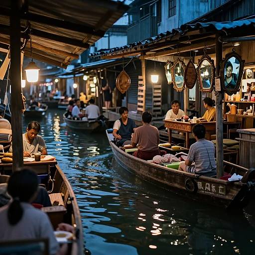 Photograph of a bustling, twilight floating market with wooden boats, lit lanterns, and people engaged in conversations and transactions along a canal.