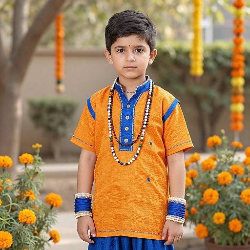 Photograph of a young Indian boy with dark hair, wearing an orange traditional kurta with blue accents, white and blue bead necklaces, and wrist