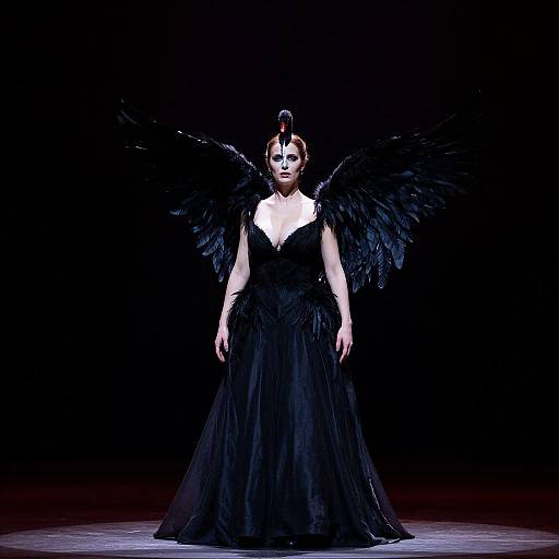 Photograph of a woman in a black feathered gown with large black wings, standing center stage against a black background.