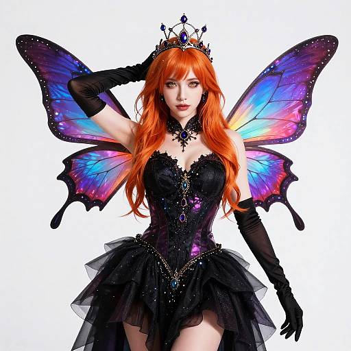 Digital art of a red-haired fairy with black lace corset, black gloves, sparkling wings, and a crown, against a white background.