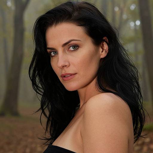 Photograph of a fair-skinned woman with long, black hair, blue eyes, and bare shoulders, gazing directly at the camera in a mist