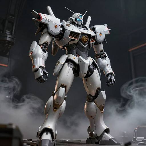 CGI image of a white, futuristic, humanoid mech with black accents, standing in a smoky, dark industrial setting, emitting smoke from the ground
