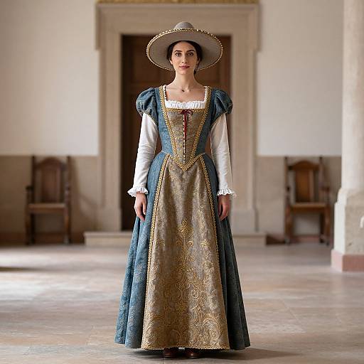 Photograph of a woman in a Renaissance-style blue and gold dress with puffed sleeves, white lace trim, and a wide-brimmed hat,