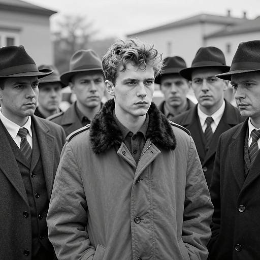 Young Man in Heavy Coat with Onlookers