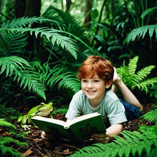 Boy Reading to Tree Frog in Tropical Forest Boy Reading to Tree Frog in Tropical Forest