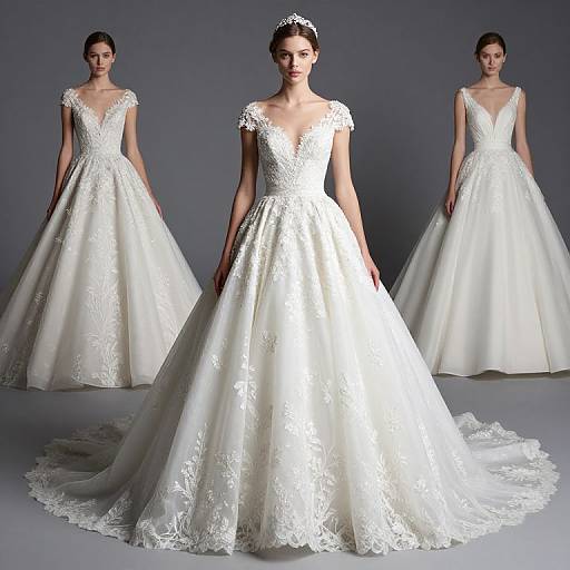 Photograph of three elegant brides in white lace and satin wedding gowns with cap sleeves, standing against a gray background.