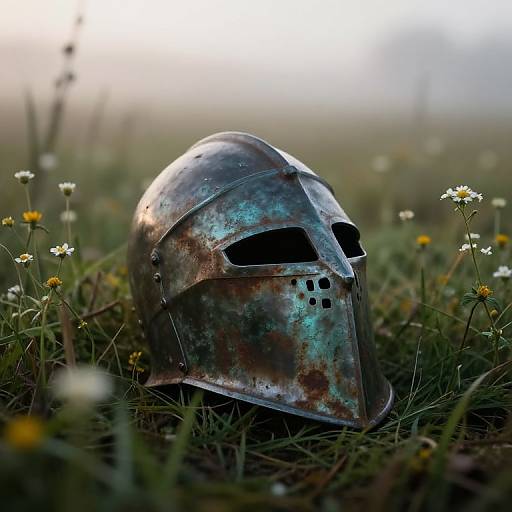Photograph of a rusted, medieval-style metal helmet with eye and breathing holes, resting on grassy field with small yellow and white daisies