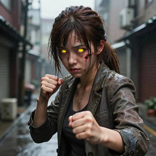 Fierce Woman with Luminous Yellow Eyes in Fighting Stance