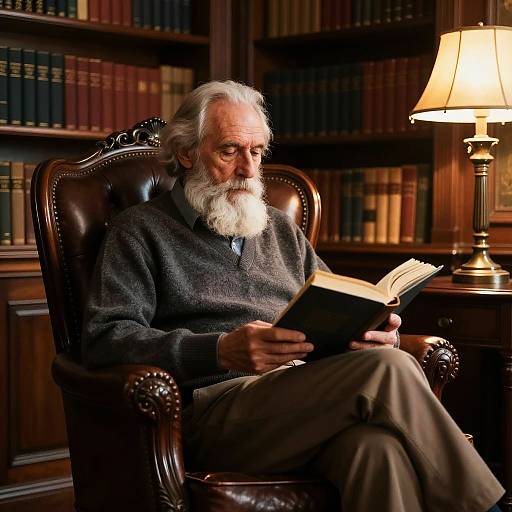 Elderly Man Reading in Classic Library