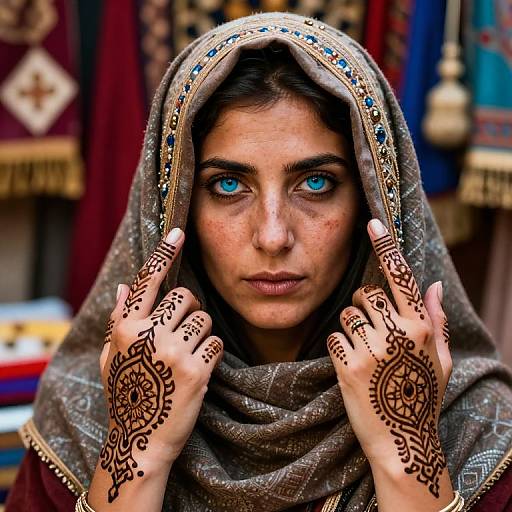 Photograph of a young woman with striking blue eyes, wearing a detailed brown headscarf and intricate henna designs on her hands, looking directly at