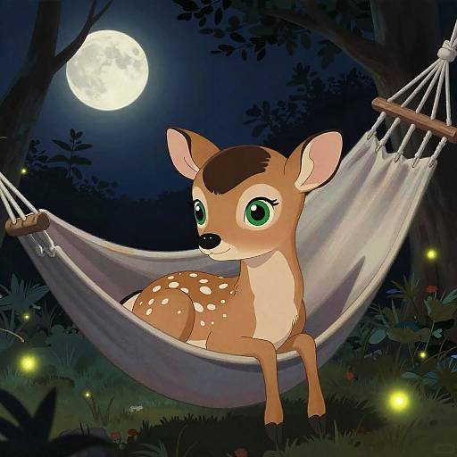 Cartoon deer with large green eyes sits in a white hammock under a full moon, surrounded by glowing fireflies in a dark forest.