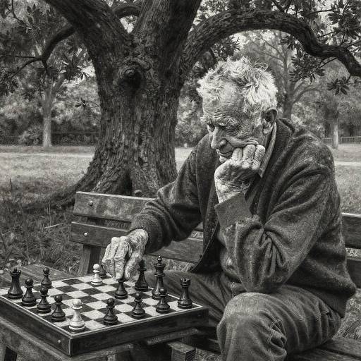 Elderly Man Playing Chess Charcoal