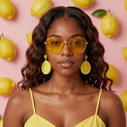 Young Black Woman with Yellow Sunglasses and Lemon Earrings