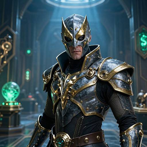 Photograph of a muscular male superhero in metallic armor with gold accents, wearing a silver helmet with pointed ears, in a futuristic, dimly lit,