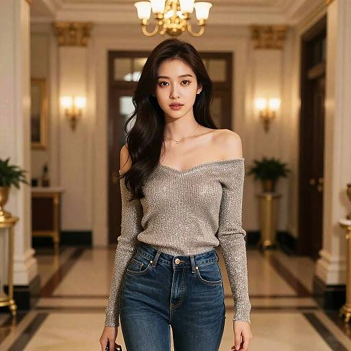 Photograph of an East Asian woman with long black hair, wearing an off-shoulder sparkly top and high-waisted jeans, standing in