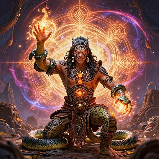 Digital artwork of a muscular, horned warrior with snake legs, holding fiery orbs, surrounded by glowing, mystical geometric patterns in a rocky, otherworld