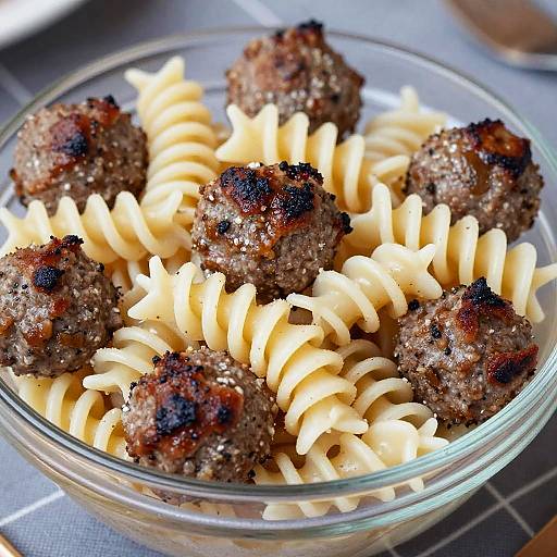 Close-Up Creamy Spiral Pasta with Meatballs