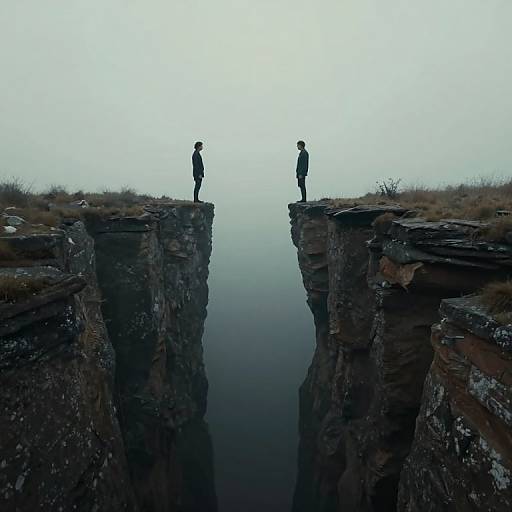 Photograph of two silhouetted figures standing on opposite rocky cliffs, facing each other over a calm, dark chasm in a foggy,