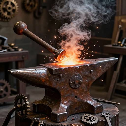 Photograph of a blacksmith's forge showing a glowing, fiery hammer striking an anvil with sparks and smoke, surrounded by industrial tools in a dim