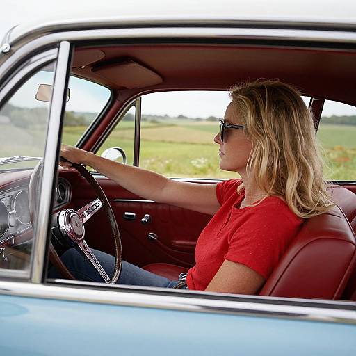 Photograph of a blonde woman in a red shirt and sunglasses, driving a vintage red-and-blue car with a countryside view.