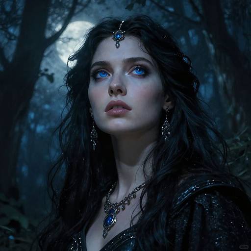 Digital fantasy portrait of a pale-skinned woman with striking blue eyes, long wavy dark hair, adorned with jeweled headpiece and necklace, in