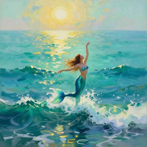 Digital painting of a mermaid with flowing blonde hair, blue-green tail, and seashell top, dancing in sunlit ocean waves. Vibrant
