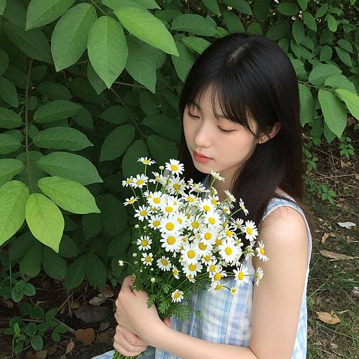 Young Asian woman with long black hair, wearing a white plaid dress, holds a bouquet of white daisies, standing against a lush green leaf