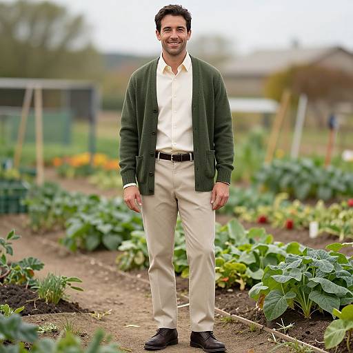 Man in Cardigan at Community Garden