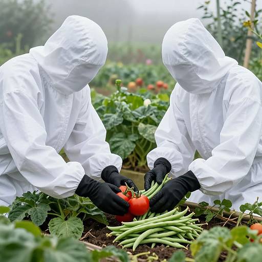 Mysterious Figures Tending Vibrant Garden