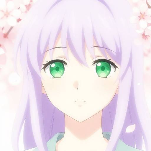 Digital anime-style portrait of a girl with long, lavender hair and large, vibrant green eyes, set against a white background with subtle pink cherry blossoms