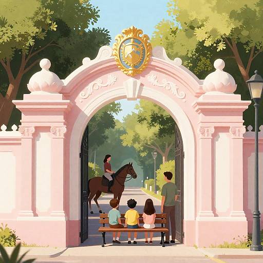 Ornate Pink Gate with Family Scene