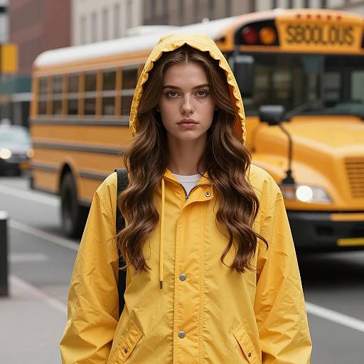 Young Woman in Yellow Hooded Jacket Near School Bus