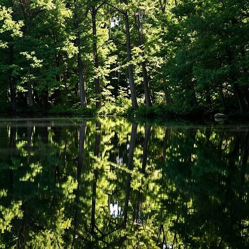 Photograph of a tranquil forest reflection in a calm, dark water lake, featuring bright green leaves and sunlit trees.