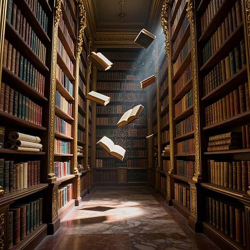 Photograph of a grand, sunlit library with towering wooden bookshelves filled with colorful books, illuminated by floating open books in mid-air.
