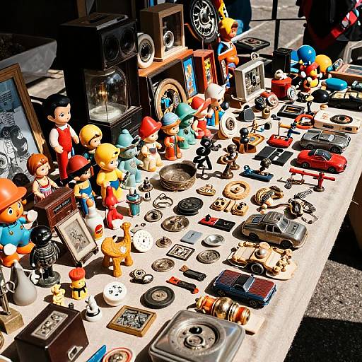 Photograph of a vibrant outdoor market table displaying vintage toys, figurines, cameras, and retro items under bright sunlight.