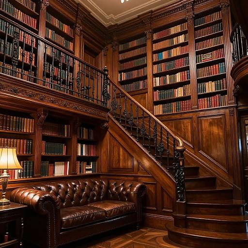 Photograph of a luxurious wooden library with a dark leather tufted sofa, ornate staircase, bookshelves filled with colorful books, and a