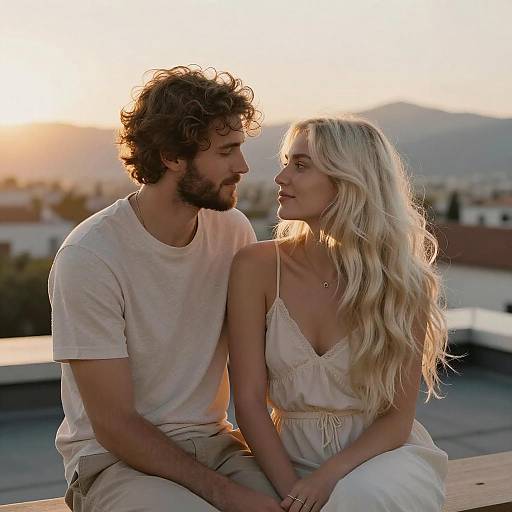 Photograph of a curly-haired bearded man and a blonde woman with wavy hair, sitting closely, gazing at each other at sunset on a