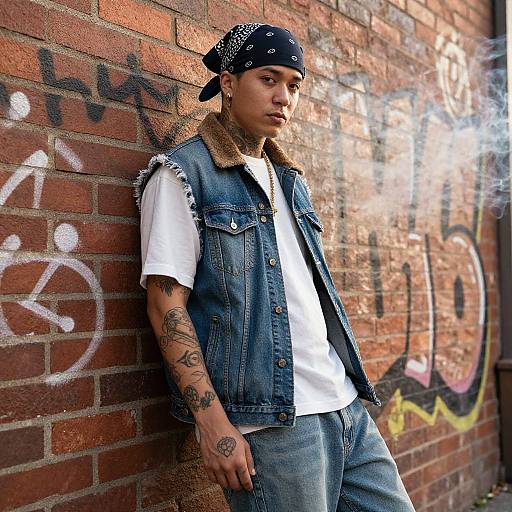 Young man with tattoos, black bandana, denim vest, white tee, and jeans leans against graffiti-covered brick wall, smoking cigarette. Photograph.