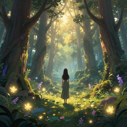 Digital fantasy artwork of a lone girl in a green dress, standing in a magical forest, surrounded by glowing fireflies and sunlight filtering through tall trees.