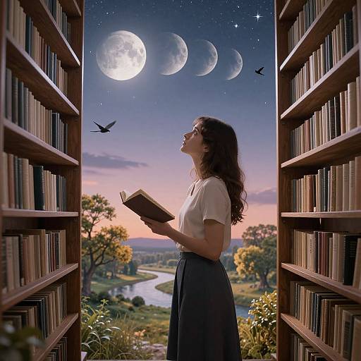 Photograph of a young woman with long brown hair, white blouse, and black skirt, reading a book between two open bookshelves, with a