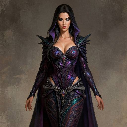 Digital art of a dark-haired, fair-skinned woman in an intricate, purple and black, form-fitting, fantasy armor dress with spiked shoulders and