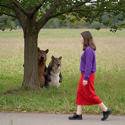 Photograph of a woman in a purple top and red skirt walking past two brown and black bears hiding behind a tree in a grassy field.