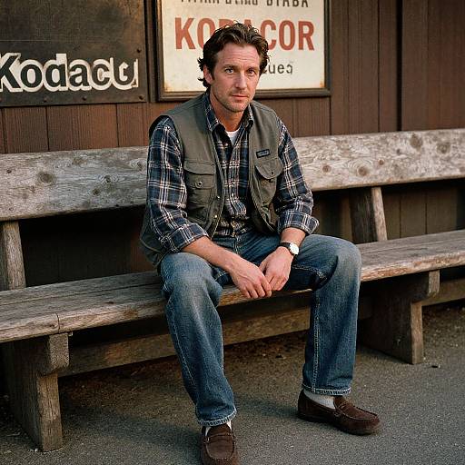 Photograph of a white man with brown hair, wearing a plaid shirt, green vest, blue jeans, and brown shoes, sitting on a wooden