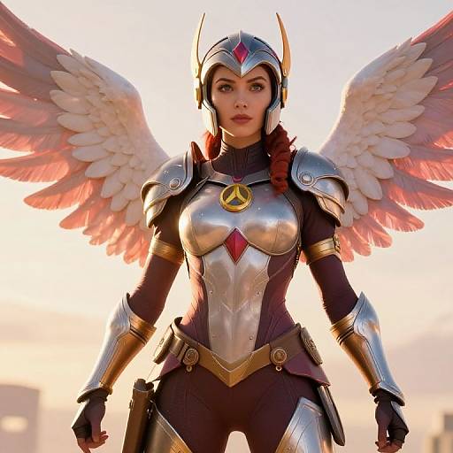 Photorealistic CGI of a young woman with angel wings, wearing silver and black armor, gold accents, and a red gem, standing confidently against a