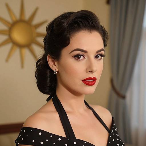Photograph of a fair-skinned woman with dark, wavy hair in a vintage pin-up style, wearing red lipstick, black polka dot off