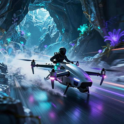 Futuristic Drone Racer in Icy Cavern