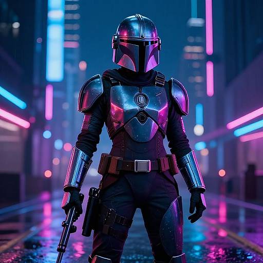 Futuristic Female Mandalorian in Neon City