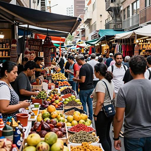 Photograph of a bustling outdoor market street, crowded with diverse shoppers, colorful fruits and vegetables, and vendors under shaded stalls.