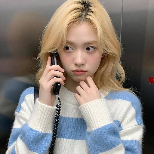 Mischievous Blonde Woman on Corded Phone