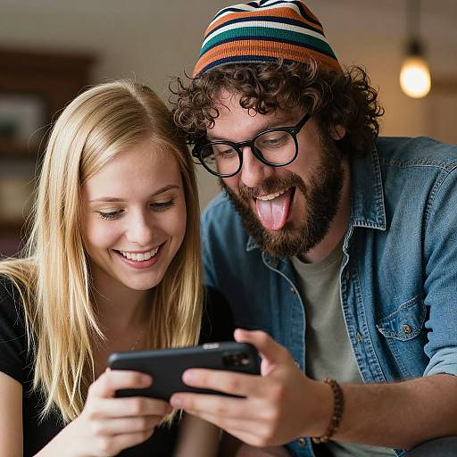 Photograph of a smiling blonde woman and a curly-haired bearded man in glasses and striped beanie, both looking at a smartphone.